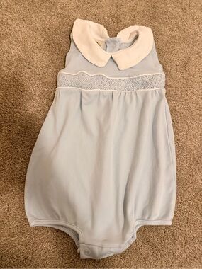 The Beaufort Bonnet Company Light Blue and White Smocked Baby One-Piece